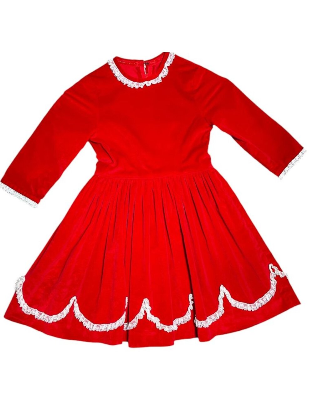 Vintage 1970s 70s Girls Red Velvet Long Sleeve Lace Trimmed Dress 8 - 10